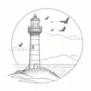 minimalistic lighthouse with dunes and birds flying tattoo design idea