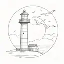 minimalistic lighthouse with dunes and birds flying tattoo design idea