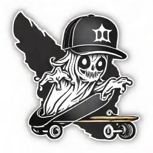 A ghost sticker with a backwards hat on a skateboard tattoo design idea