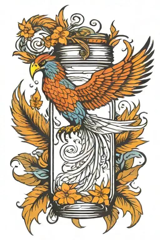 Phoenix with long tail feathers wrapped around a Mason jar tattoo design idea