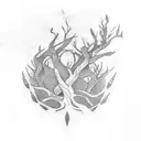 Tattoo on the arm of a tree with dna shape roots with the names Tanush, Mahi and Ziya embedded into it tattoo design idea