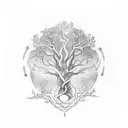 Tattoo on the arm of a tree with dna shape roots with the names Tanush, Mahi and Ziya embedded into it tattoo design idea