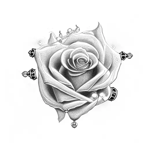 A rosary with the beads of mysterious sins in the shape of a rose and with a cross tattoo design idea