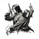 A portrait of Severo Snape and Uchiha Itachi standing back to back, symbolizing their complex characters and dark pasts tattoo design idea
