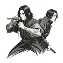 A portrait of Severo Snape and Uchiha Itachi standing back to back, symbolizing their complex characters and dark pasts tattoo design idea