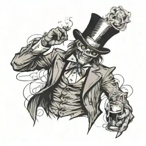 full-length sketch of a demon, with a top hat on his head, in a suit, with a cigarette in his mouth, whiskey in his hand tattoo design idea
