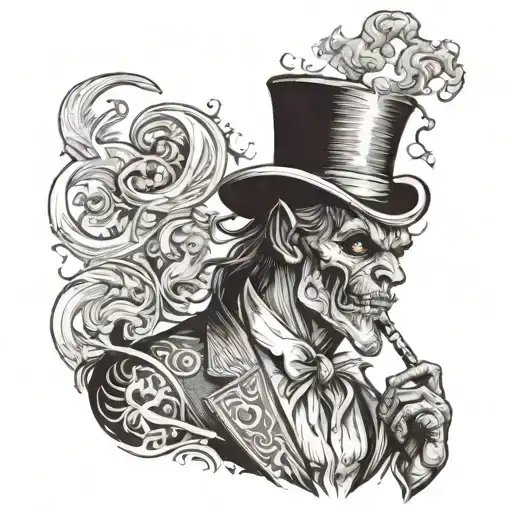 full-length sketch of a demon, with a top hat on his head, in a suit, with a cigarette in his mouth, whiskey in his hand tattoo design idea