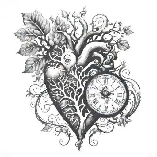 human heart with tree of life and clock  tattoo design idea