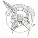 greek god ARES symbol with helmet and an arrow going through it with ARES spelled out below tattoo design idea