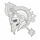 greek god ARES symbol with helmet and an arrow going through it with ARES spelled out below tattoo design idea