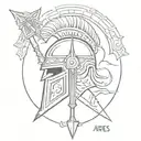 greek god ARES symbol with helmet and an arrow going through it with ARES spelled out below tattoo design idea