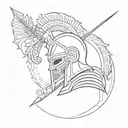 greek god ARES symbol with helmet and an arrow going through it with ARES spelled out below tattoo design idea