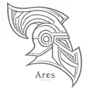 greek god ARES symbol with helmet and the word "ARES" spelled out below tattoo design idea