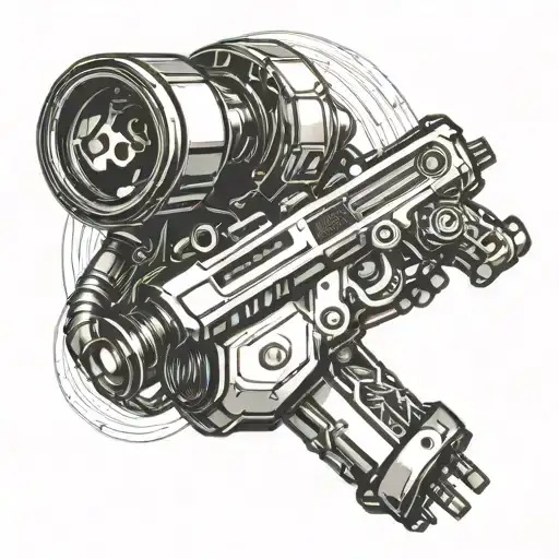 A sleek and futuristic design of a robotic arm holding a controller, with a pixelated nissan 350z racing on a digital track tattoo design idea
