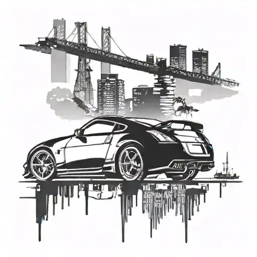 Combine elements of Tokyo skyline with a silhouette of a Nissan 350z drifting on Toyo Tyres tattoo design idea