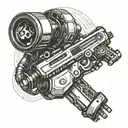 A sleek and futuristic design of a robotic arm holding a controller, with a pixelated nissan 350z racing on a digital track tattoo design idea