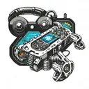 A sleek and futuristic design of a robotic arm holding a controller, with a pixelated nissan 350z racing on a digital track tattoo design idea