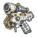 A sleek and futuristic design of a robotic arm holding a controller, with a pixelated nissan 350z racing on a digital track tattoo design idea