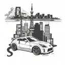 Combine elements of Tokyo skyline with a silhouette of a Nissan 350z drifting on Toyo Tyres tattoo design idea