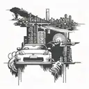 Combine elements of Tokyo skyline with a silhouette of a Nissan 350z drifting on Toyo Tyres tattoo design idea