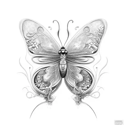A black and grey tattoo of a butterfly breaking free from chains, symbolizing overcoming childhood trauma tattoo design idea