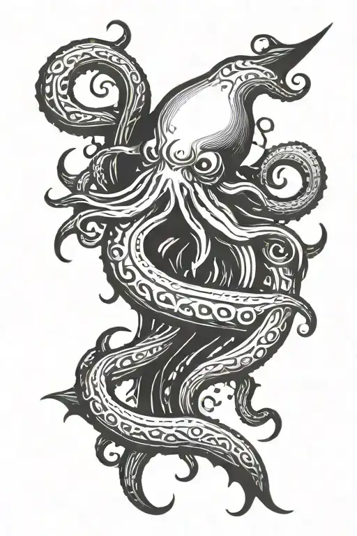 monster squid wrapped around Nordic compass tattoo design idea