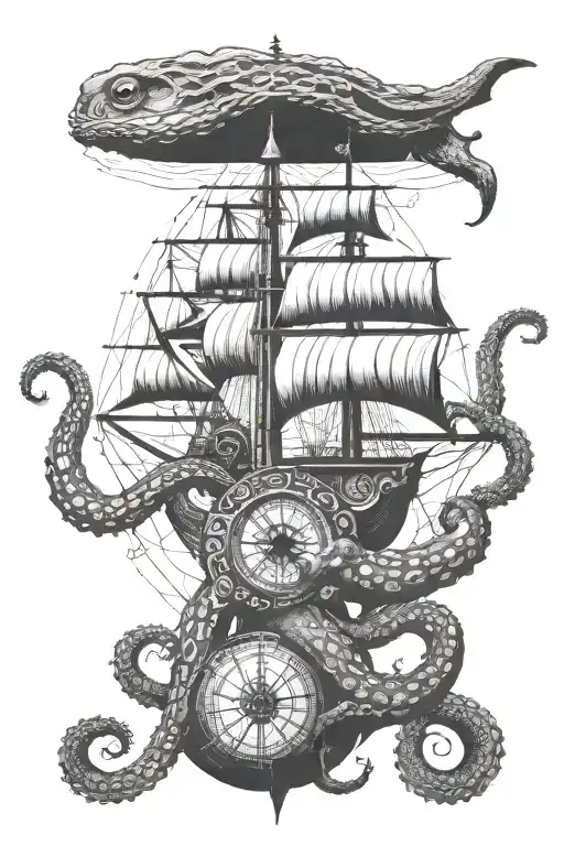 octopus holding Nordic compass tattoo design idea
