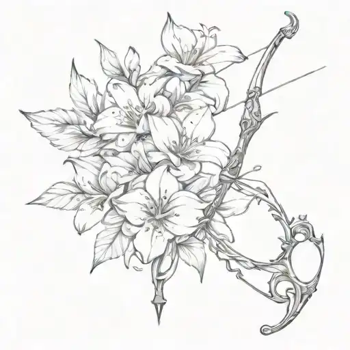 Delicate bow and arrow, the bow is made up of delicate flowers and a lily on the far right tattoo design idea