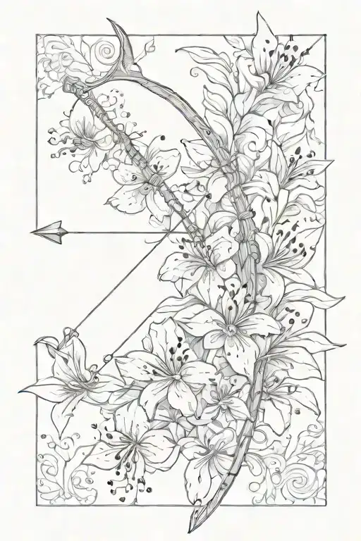 delicate bow and arrow that the bow is composed of very small delicate flowers and a chic lily on the far right tattoo design idea