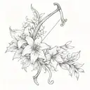 Delicate bow and arrow, the bow is made up of delicate flowers and a lily on the far right tattoo design idea