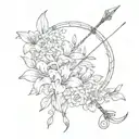 Delicate bow and arrow, the bow is made up of delicate flowers and a lily on the far right tattoo design idea