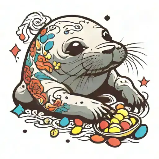 cute seal eating a jelly bean and enjoying life tattoo design idea