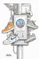 NY mets logo with nike air jordan ones hanging off telephone poll with a avenue signs  tattoo design idea