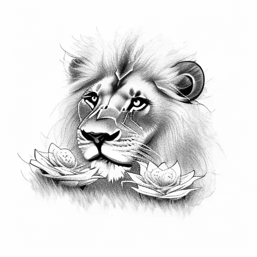 lion mom with 2 cubs with flowers tattoo design idea
