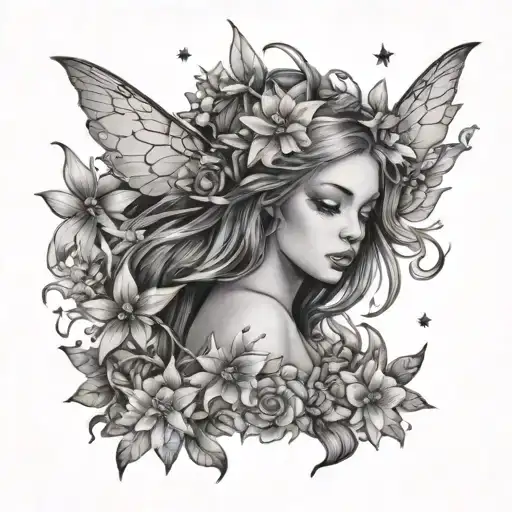 fairy with flowers and stars tattoo design idea
