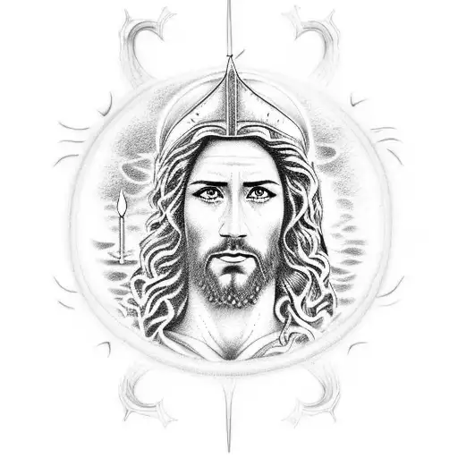 Design a dotwork tattoo showcasing a biblical scene of Jesus calming the stormy sea, with a firefighter's helmet placed at the feet of Jesus and a scripture verse about courage and faith incorporated into the waves tattoo design idea