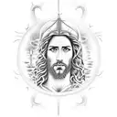 Design a dotwork tattoo showcasing a biblical scene of Jesus calming the stormy sea, with a firefighter's helmet placed at the feet of Jesus and a scripture verse about courage and faith incorporated into the waves tattoo design idea