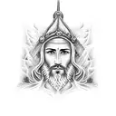 Design a dotwork tattoo showcasing a biblical scene of Jesus calming the stormy sea, with a firefighter's helmet placed at the feet of Jesus and a scripture verse about courage and faith incorporated into the waves tattoo design idea