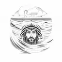 Design a dotwork tattoo showcasing a biblical scene of Jesus calming the stormy sea, with a firefighter's helmet placed at the feet of Jesus and a scripture verse about courage and faith incorporated into the waves tattoo design idea