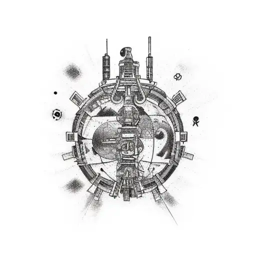 A new-school tattoo design inspired by the apocalypse, incorporating elements of music and physics tattoo design idea