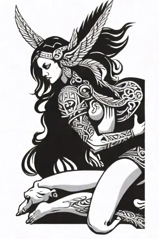 Valkyrie holding a fallen warrior's body in her arms tattoo design idea