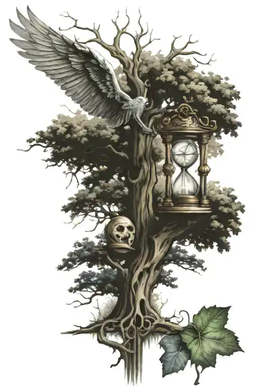 oak tree, hourglass, oak leaf, azrael angel of death tattoo design idea
