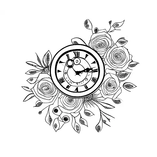 clock with roses tattoo design idea