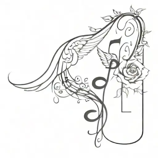 angel wings and multiple music notes and flowers intertwined spread out tattoo design idea