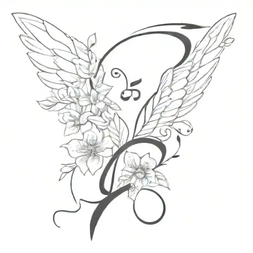 angel wings and music notes and flowers intertwined tattoo design idea