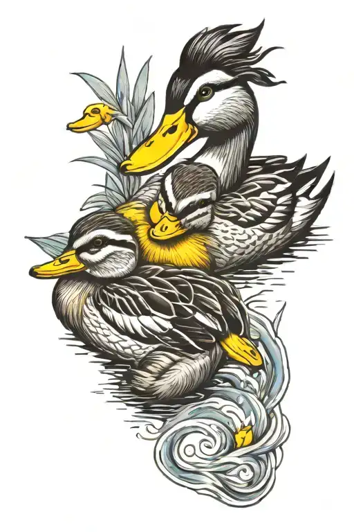 mother duck with duckling following cartoon  tattoo design idea