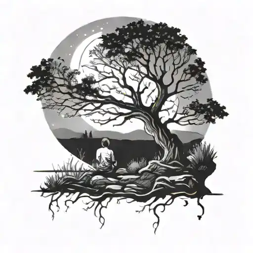 A serene night scene with a person sitting under a tree, gazing at the stars and enjoying the peaceful landscape tattoo design idea