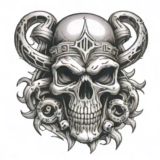 A tattoo design of a skull with brass knuckles and sharp blades protruding from it, symbolizing fear and intimidation  tattoo design idea