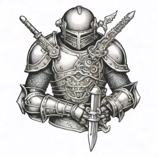 An intricate tattoo design showcasing a detailed suit of armor with hidden elements of brass knuckles and knives incorporated throughout, representing the client's interest in both historical armor and weaponry tattoo design idea
