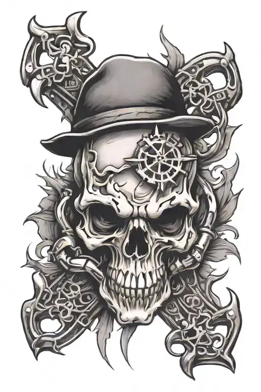 A tattoo design of a skull with brass knuckles and sharp blades protruding from it, symbolizing fear and intimidation  tattoo design idea